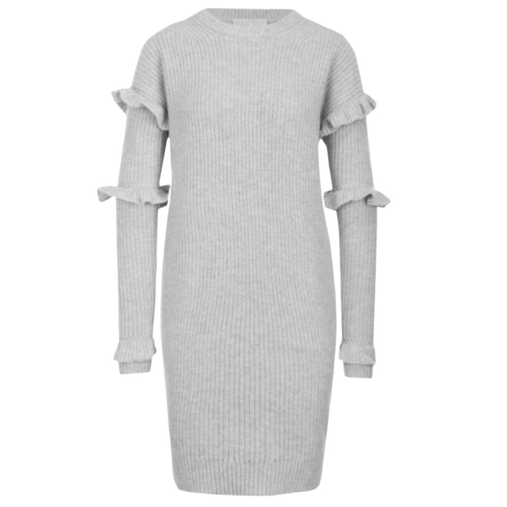 Michael Kors Ruffled Ribbed Sweater Dress Gray XXS - Picture 2 of 11